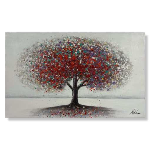 A painting with a colorful tree