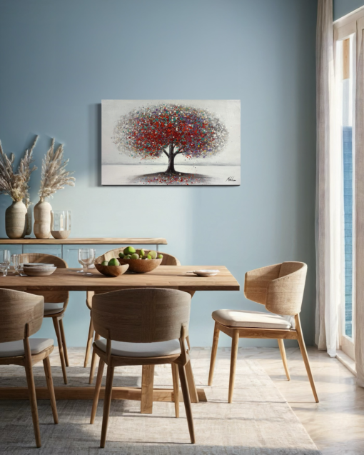 A painting with a colorful tree