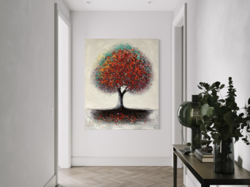 A painting with a large colorful tree