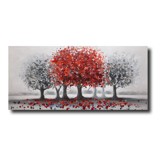 A painting with a red tree