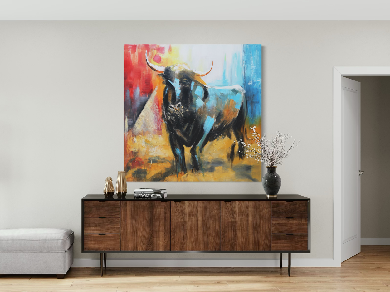 A painting with a bull