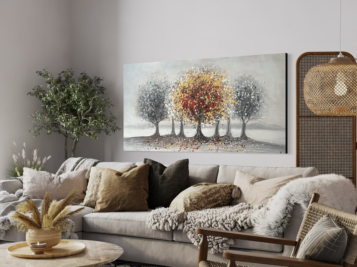 A painting with a tree in earthy colors