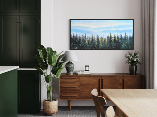A painting with a forest