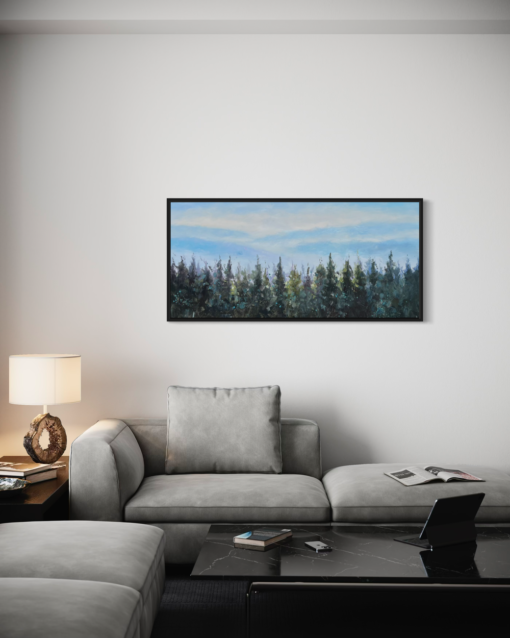 A painting with a forest