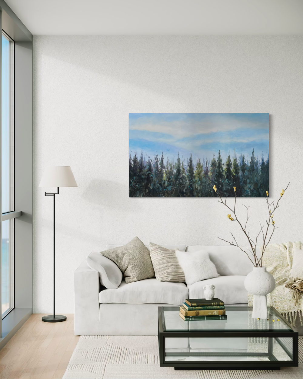 A painting with a spruce forest