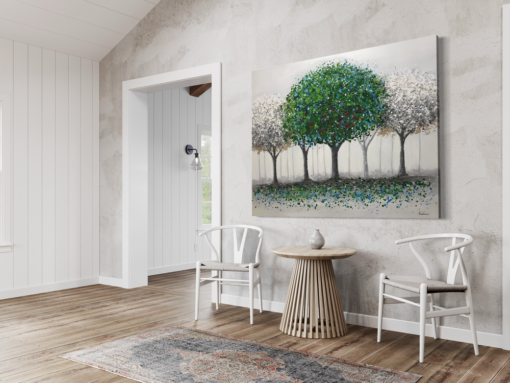 A painting with a green tree