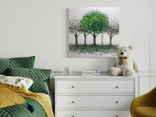 A painting with a green tree