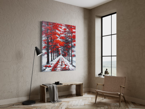 A painting with red trees