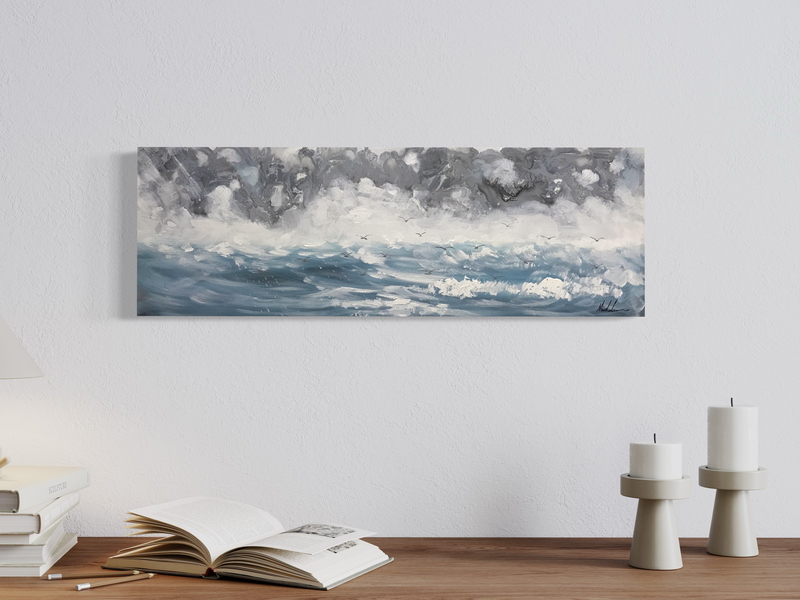 A painting with an ocean