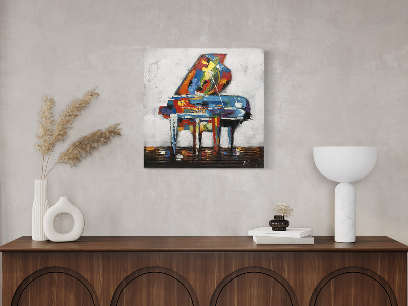 A painting with a piano