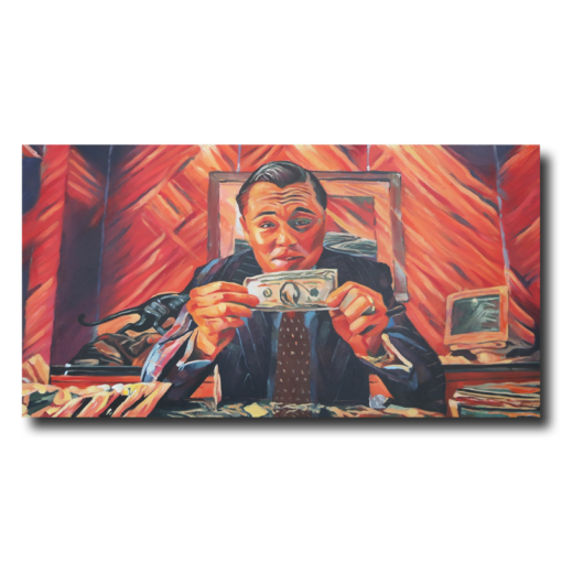 A painting of Leo as the Wolf of Wall Street.