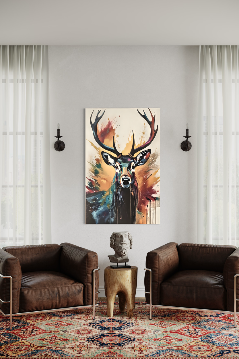 A painting in soft color tones with a large red deer.