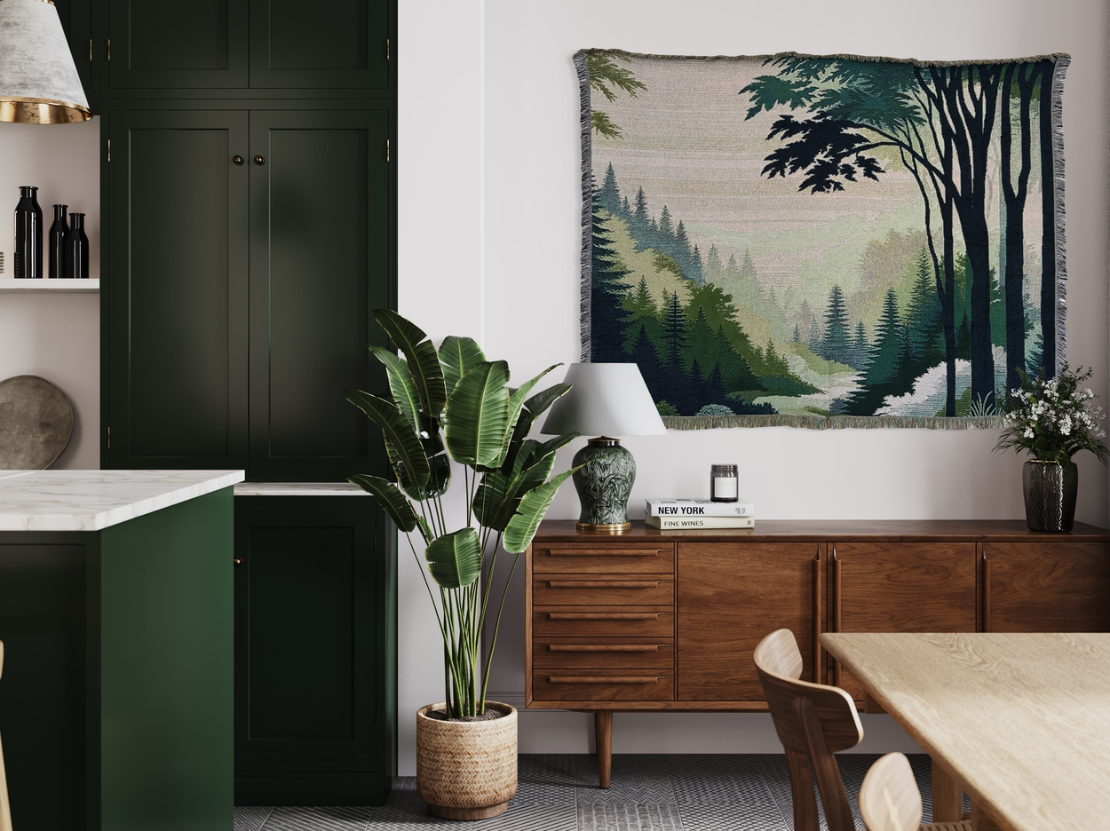 A wall rug with a verdant forest