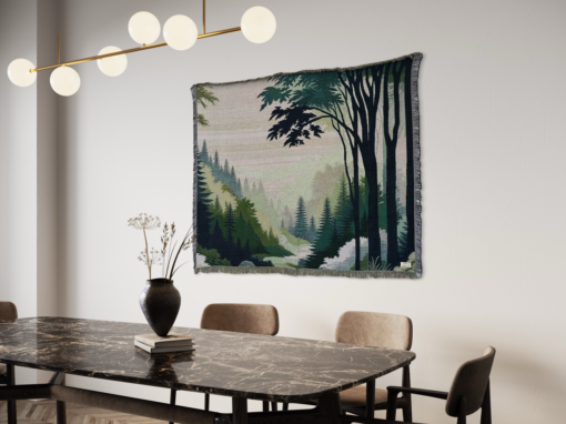 A wall rug with a verdant forest