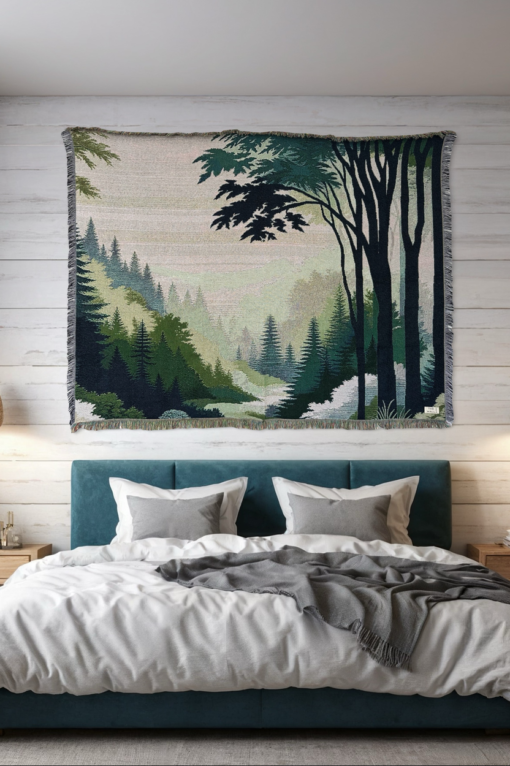 A wall rug with a verdant forest