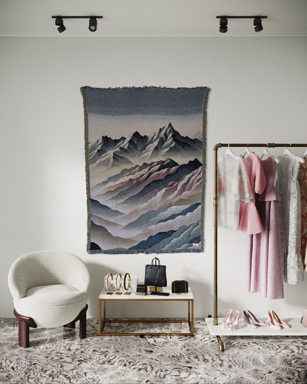 A wall rug with a mountain range