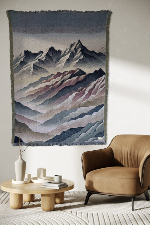 A wall rug with a mountain range