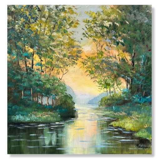 A painting with a beautiful landscape