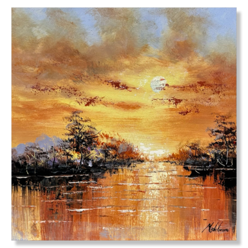 A painting with a sunset