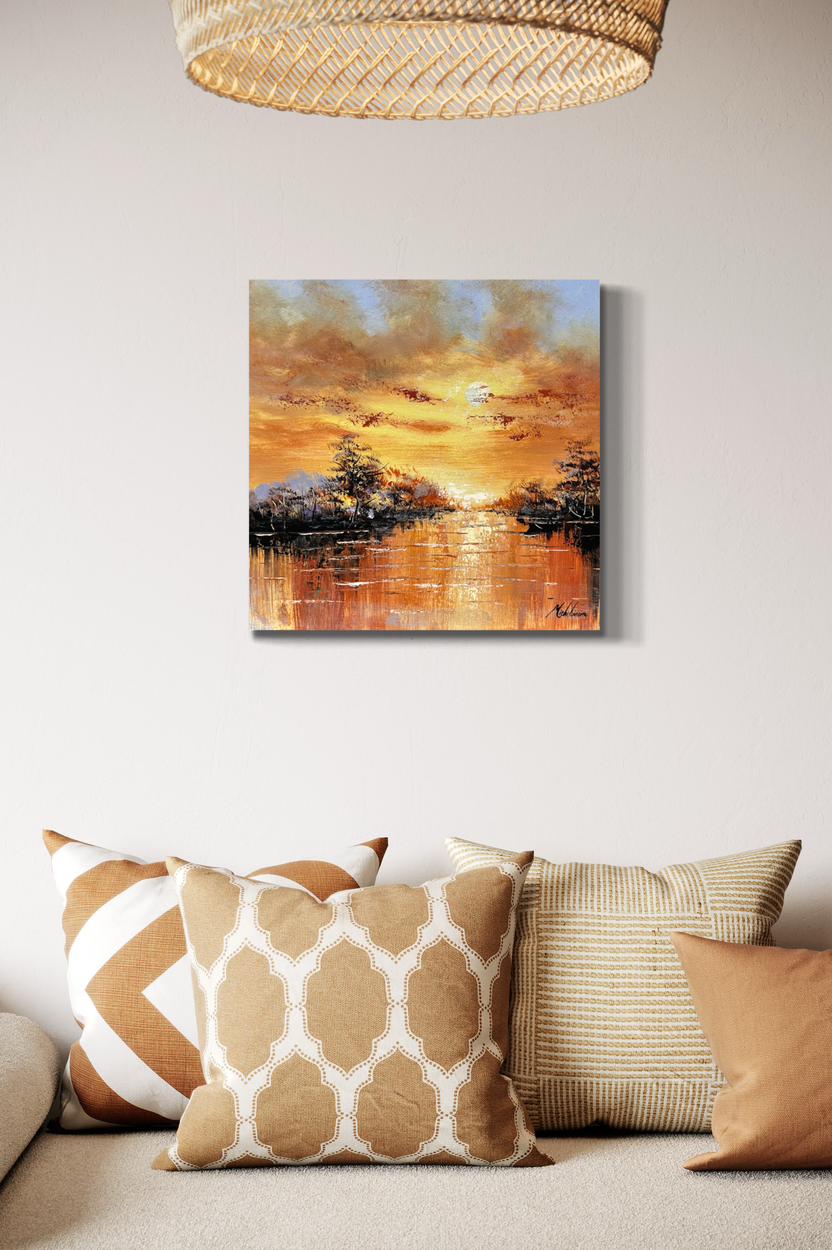 A painting with a sunset