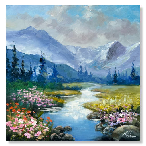 A painting with a beautiful mountain landscape