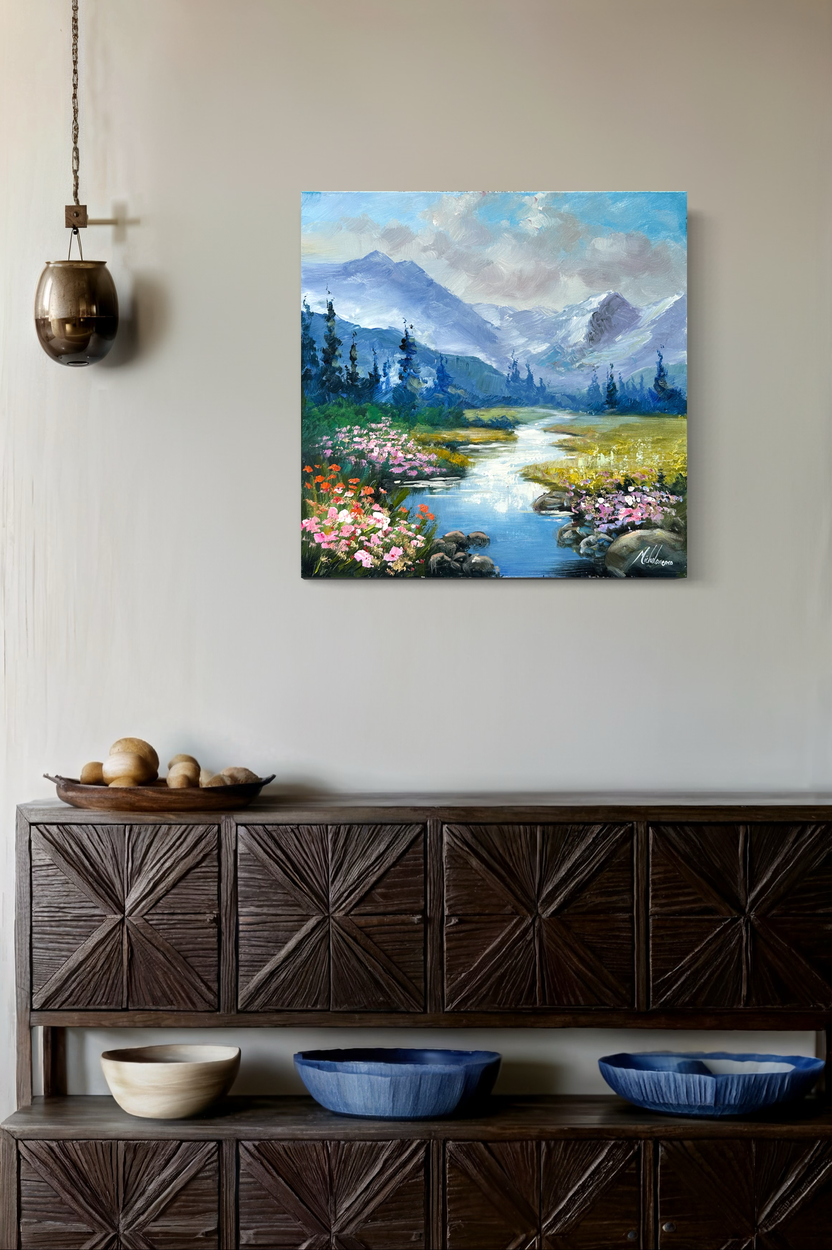 A painting with a beautiful mountain landscape