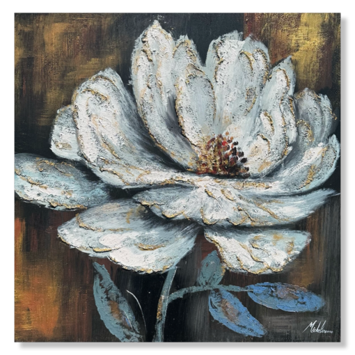 A painting with a large white flower