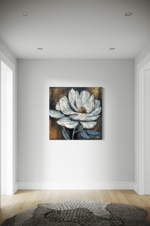 A painting with a large white flower