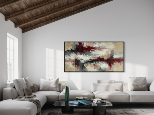 an abstract painting in beige and burgundy