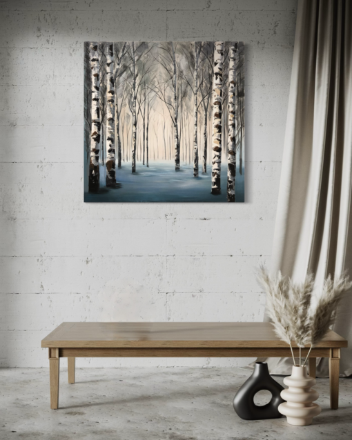 A painting with birch trees