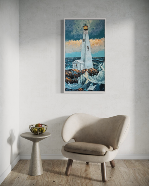 A painting with a lighthouse