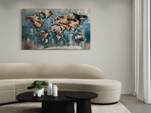 A painting with a world map